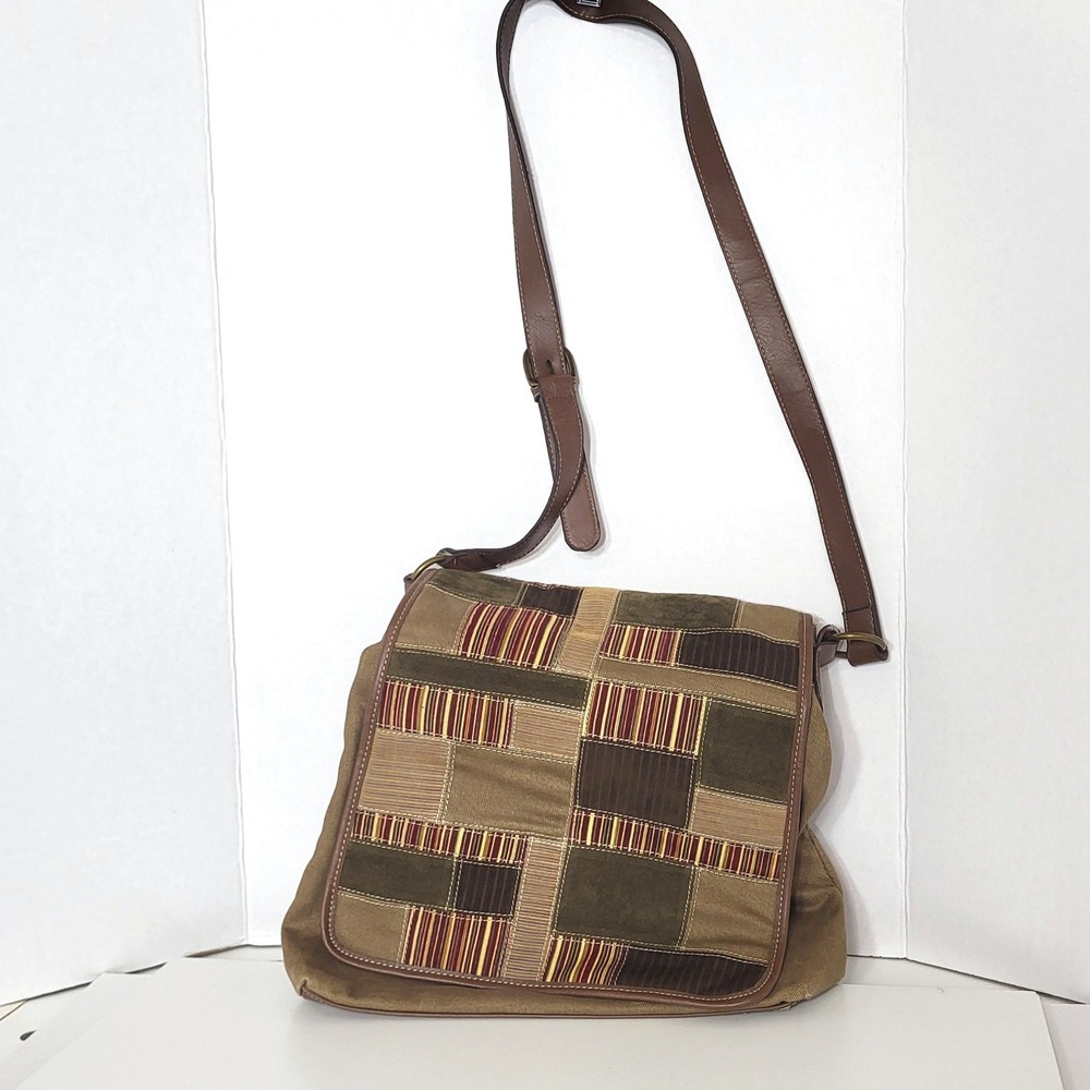 Womens Patchwork Canvas Corduroy Messenger Crossbody Bag Brown Medium